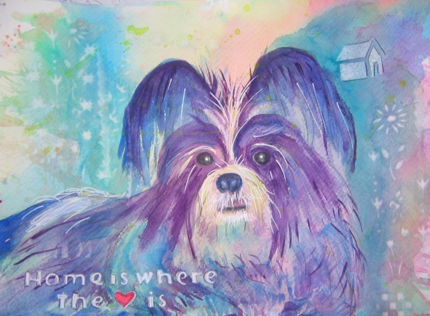 Watercolor portrait of home is where the heart is my dog